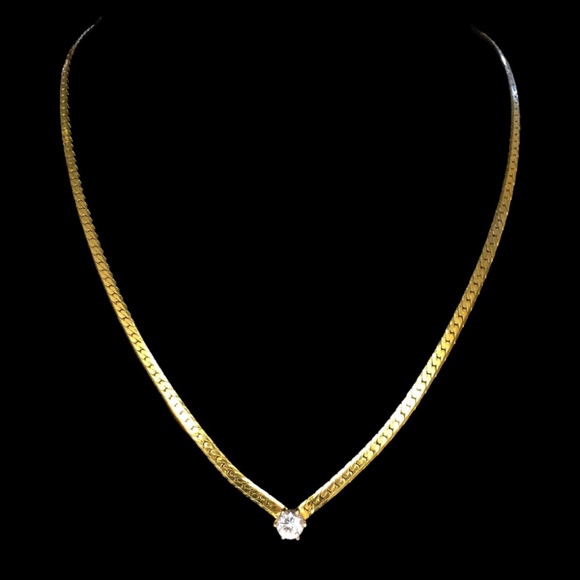Vintage Gold Tone Herring Bone Chain Clear Rhinestone Torque Shaped Necklace - Picture 1 of 6